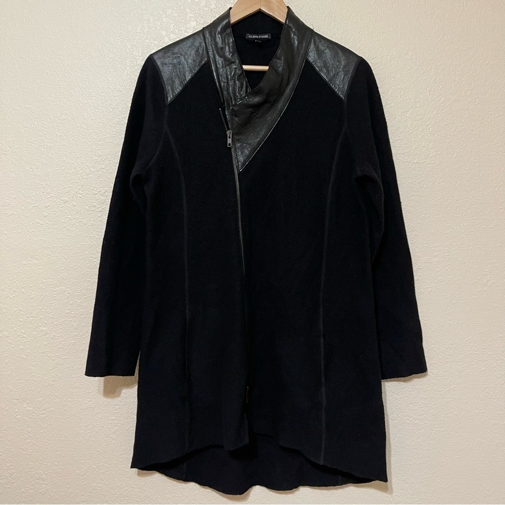 Eileen Fisher Leather Trim Merino Wool Jacket Size Medium Women
